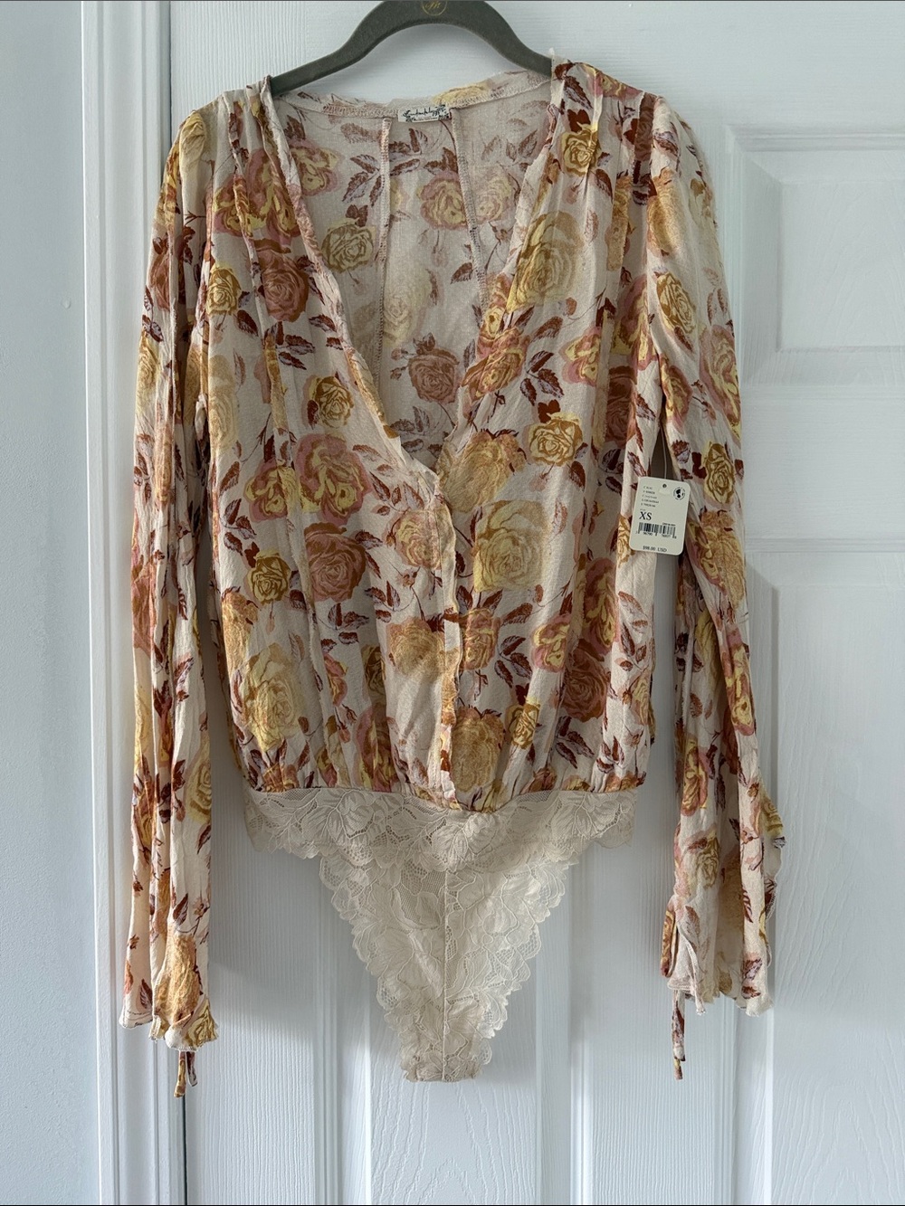 Free People Intimately Lace-Trim Bodysuit - Pale Yellow & Blush